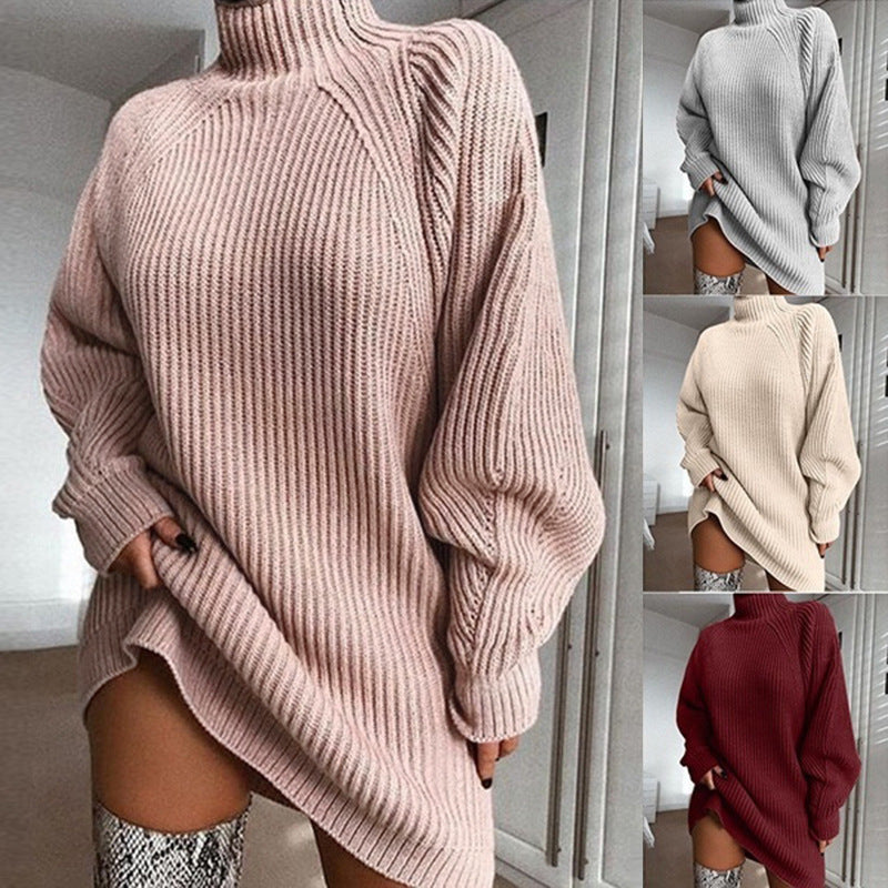 JFAN Robe Pull Femme Hiver Tricot Vintage Robe Longue Femme Chic et Elegant à Col Roulé Chaud Casual Dress,Beige,L