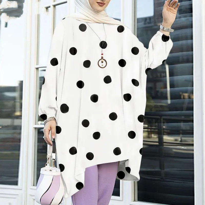 Tunique Refka Oversize à Pois – Col Rond, Manches Bouffantes & Coupe Modeste Confortable