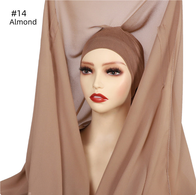Hijab Mousseline (Chiffon) Uni à Perles – Voile avec bonnet Élégant