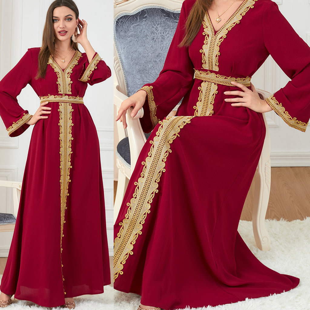 Robe Abaya | Style Caftan Marocain Avec Ceinture - Longue Brodée Style Dubaï