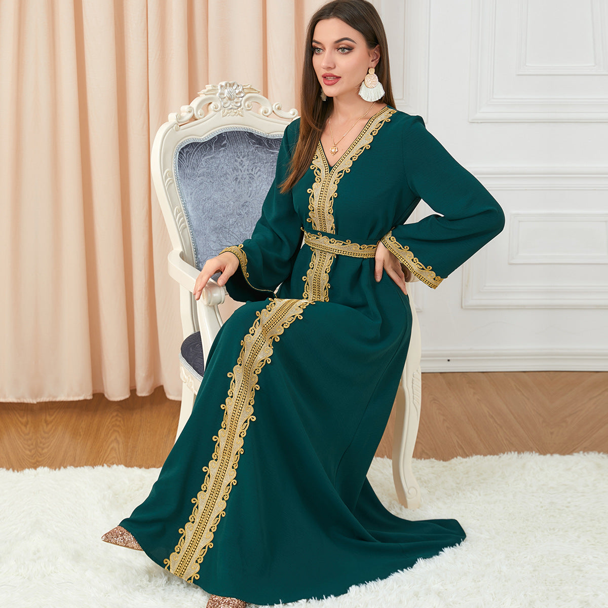 Robe Abaya | Style Caftan Marocain Avec Ceinture - Longue Brodée Style Dubaï