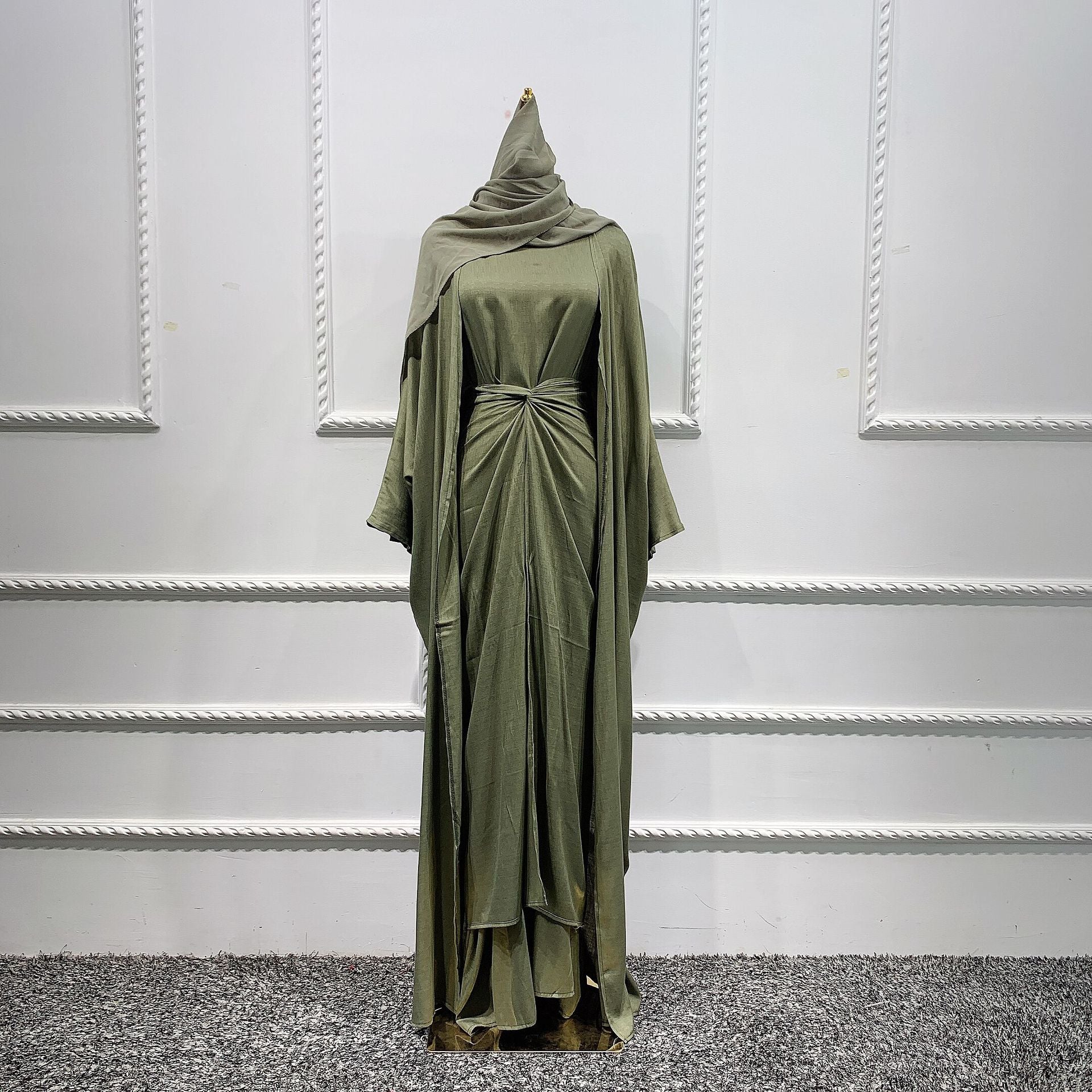 Ensemble Abaya Style Dubaï 4 Pièces en Lin – Kimono, Robe Longue, Jupe Portefeuille et Hijab