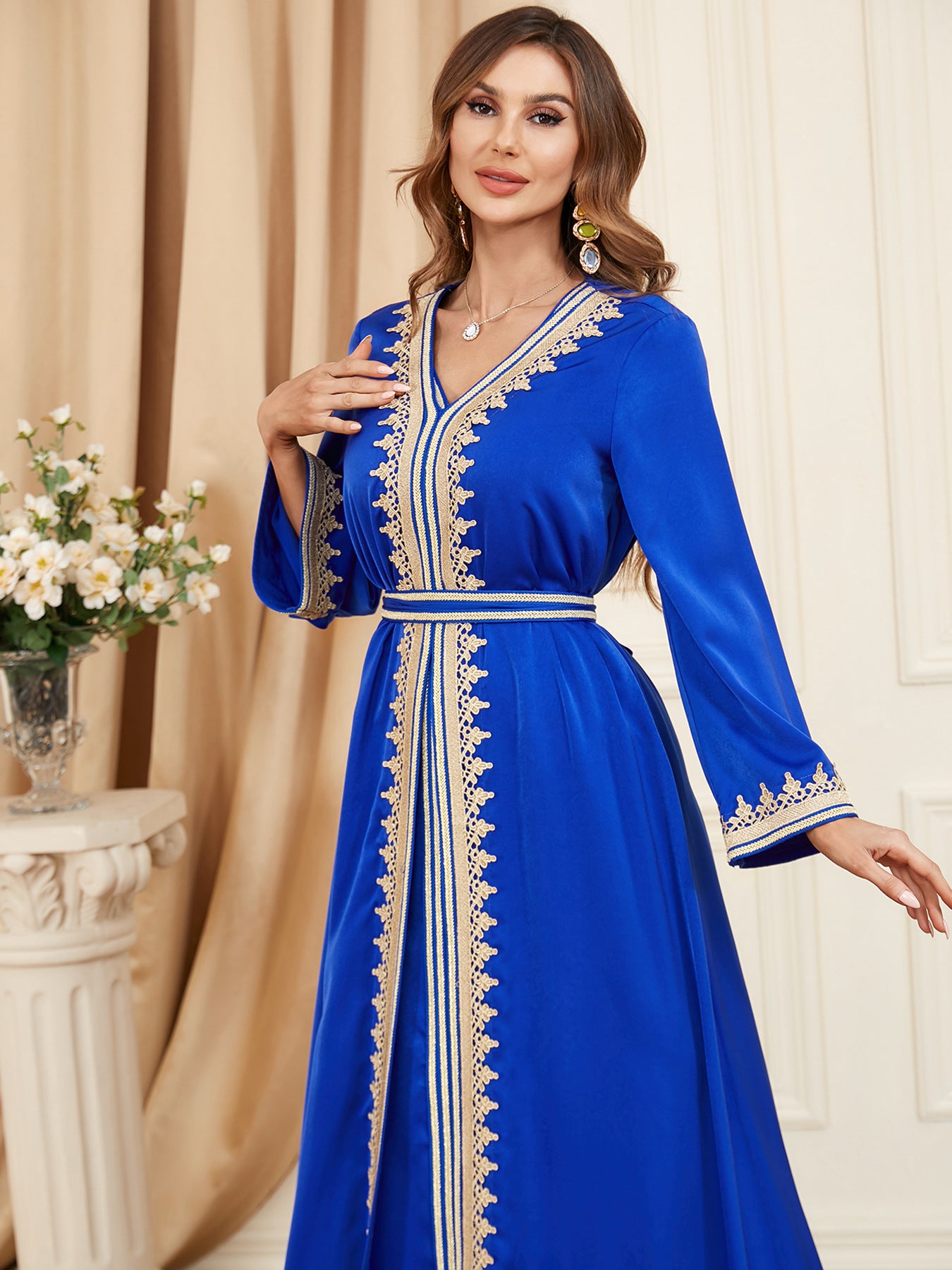 Ensemble Caftan Émane | 2 Pièces  – Robe Longue et Kimono Brodé, Idéal Ramadan & Aïd