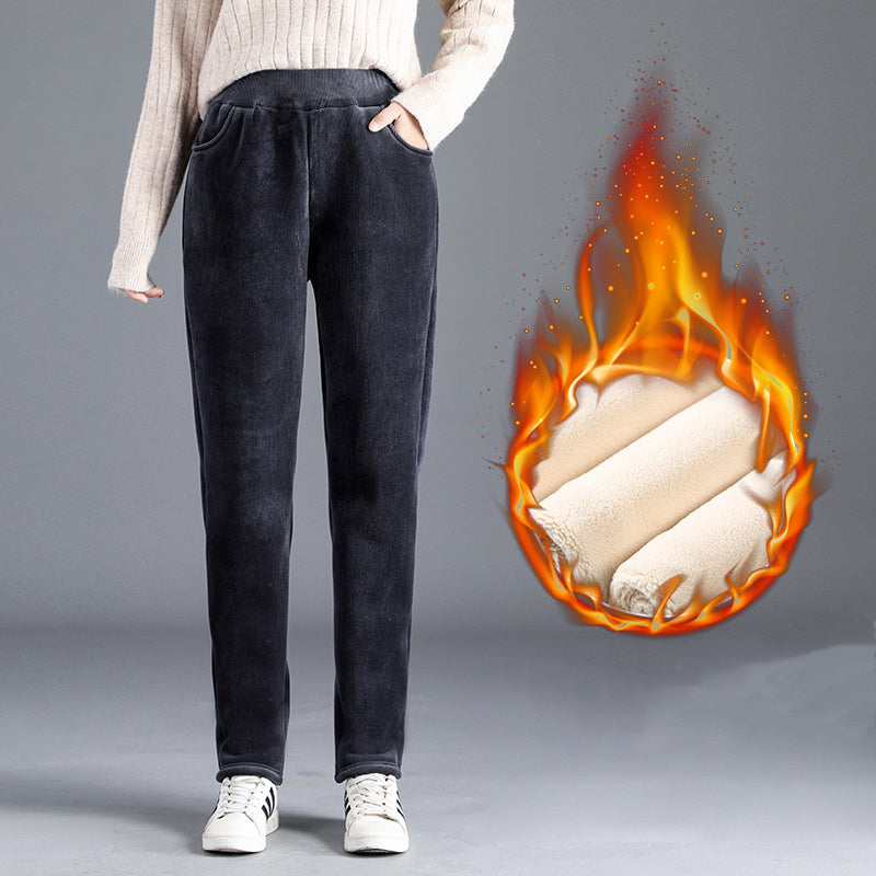 Pantalon Thermique en Velours Côtelé pour Femme Doublé en Polaire