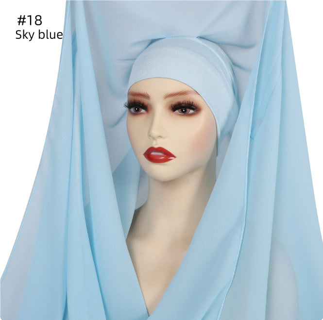Hijab Mousseline (Chiffon) Uni à Perles – Voile avec bonnet Élégant
