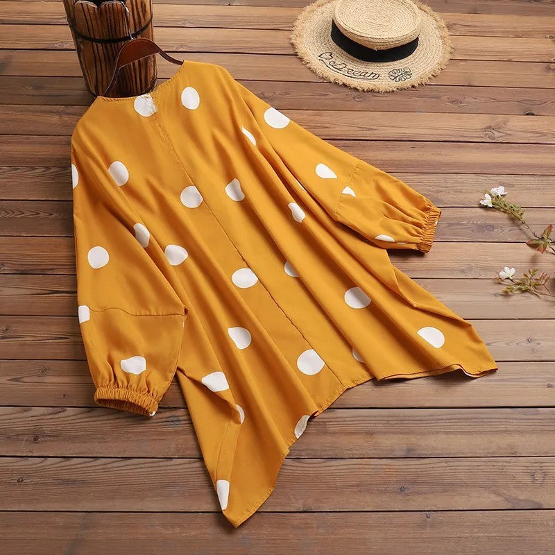 Tunique Refka Oversize à Pois – Col Rond, Manches Bouffantes & Coupe Modeste Confortable