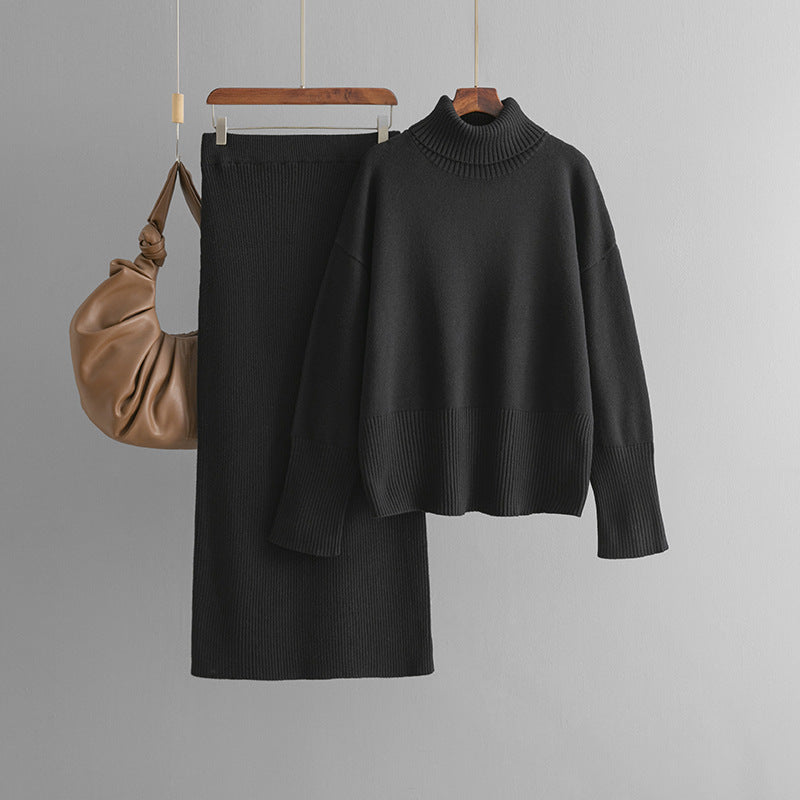 Ensemble Aise | Chic 2 Pièces – Pull Large Col Montant et Jupe droite en Maille Douce
