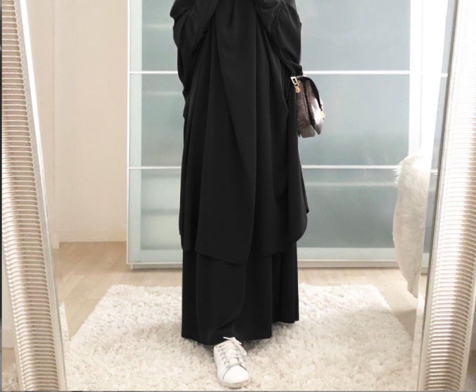 Ensemble Abaya Deux Pièces à Capuche – Robe Ample & Jupe Taille Élastique, Manches Chauve-souris