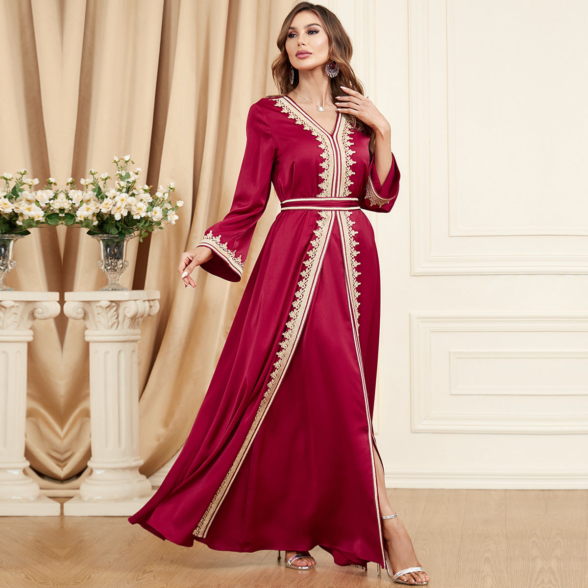 Ensemble Caftan Émane | 2 Pièces  – Robe Longue et Kimono Brodé, Idéal Ramadan & Aïd