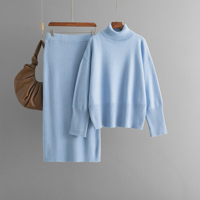 Ensemble Aise | Chic 2 Pièces – Pull Large Col Montant et Jupe droite en Maille Douce