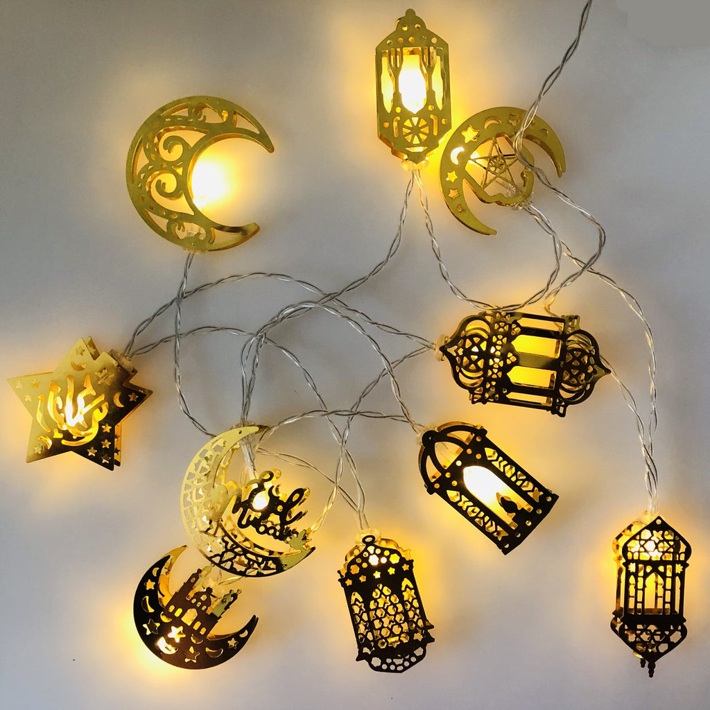 Guirlande Lumineuse Ramadan & Eid Mubarak – Lanternes LED Dorées à Piles, Décoration Intérieure Festive