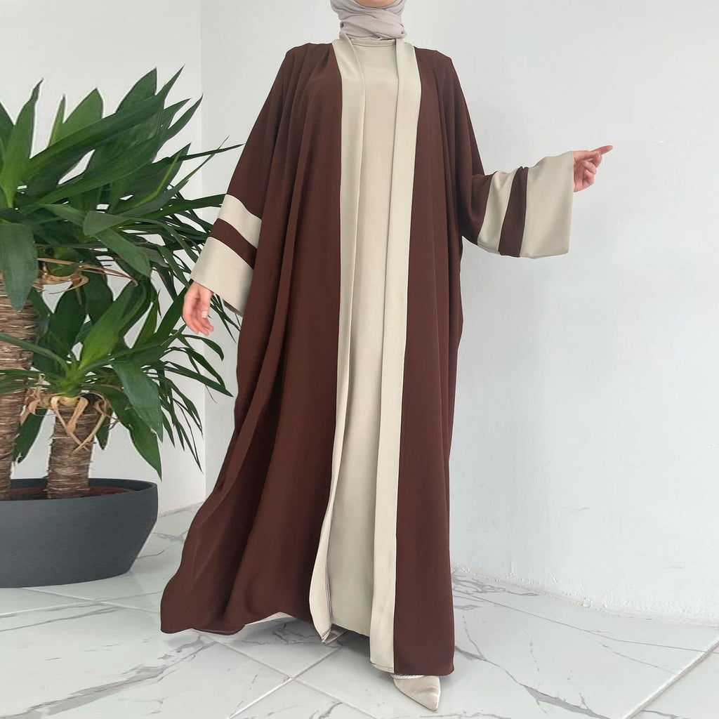 Abaya à coupe parapluie et manches évasées | Deux Pièces – Robe Longue & Kimono Contrasté