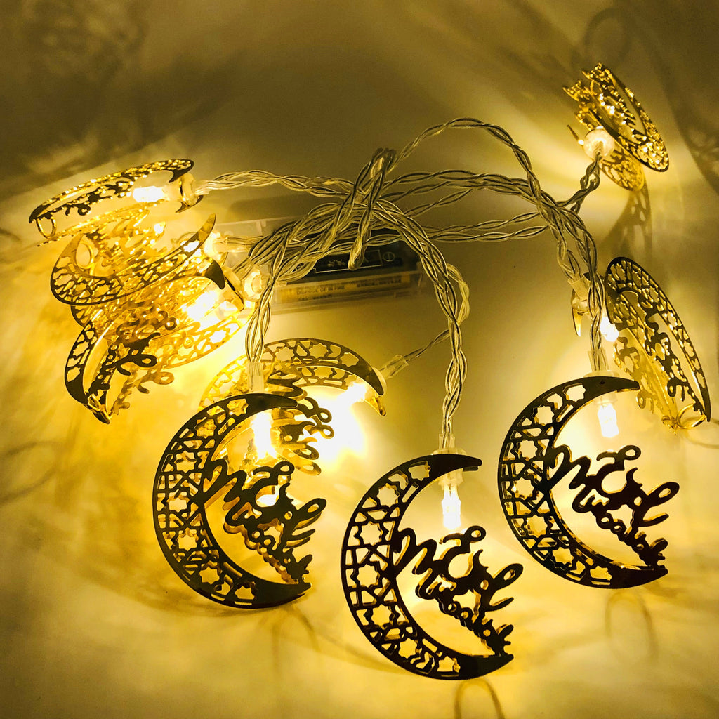 Guirlande Lumineuse Ramadan & Eid Mubarak – Lanternes LED Dorées à Piles, Décoration Intérieure Festive