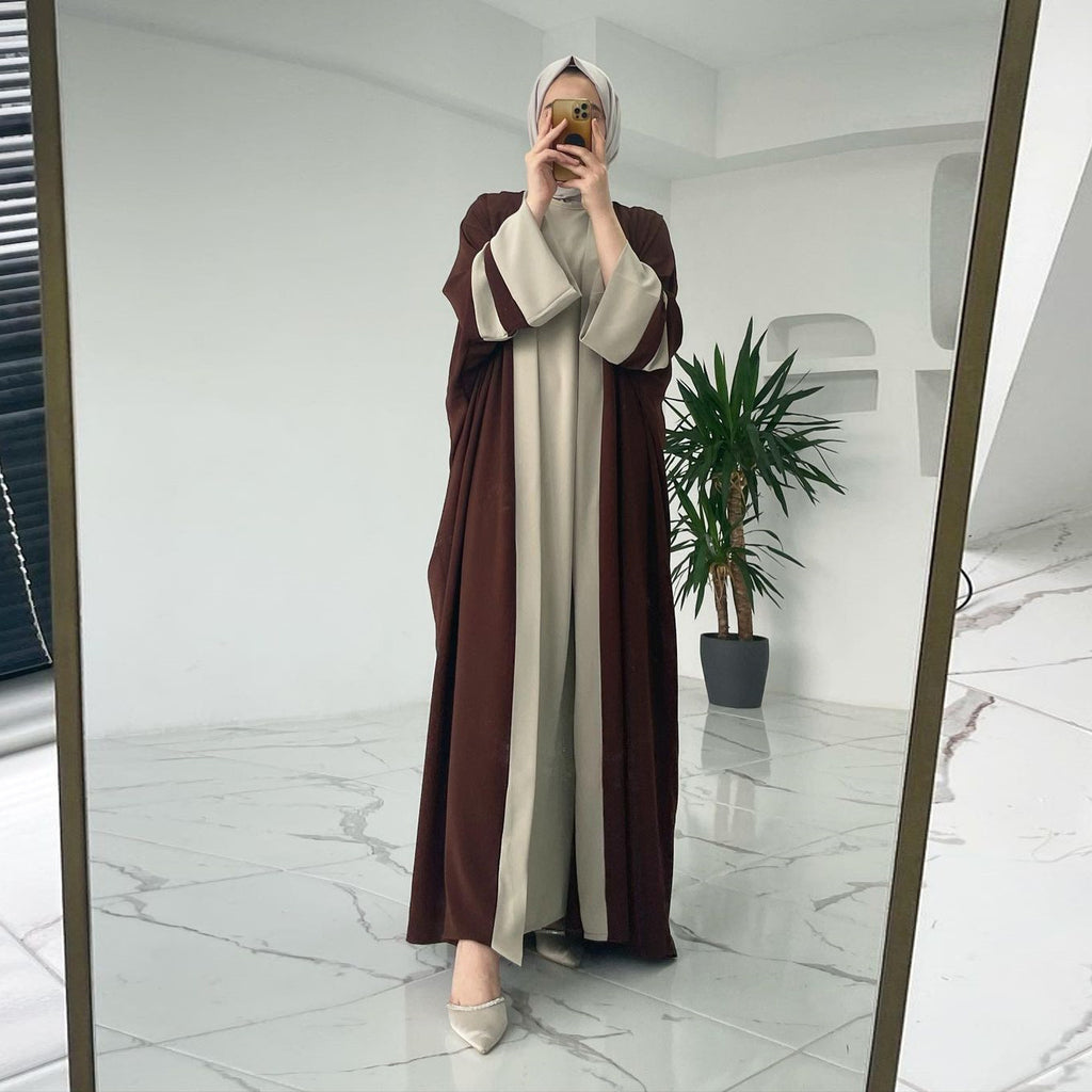 Abaya à coupe parapluie et manches évasées | Deux Pièces – Robe Longue & Kimono Contrasté
