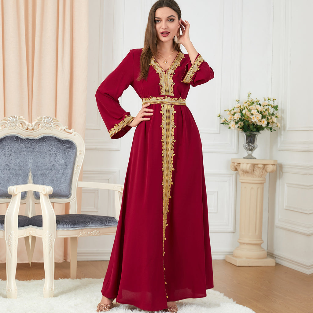 Robe Abaya | Style Caftan Marocain Avec Ceinture - Longue Brodée Style Dubaï