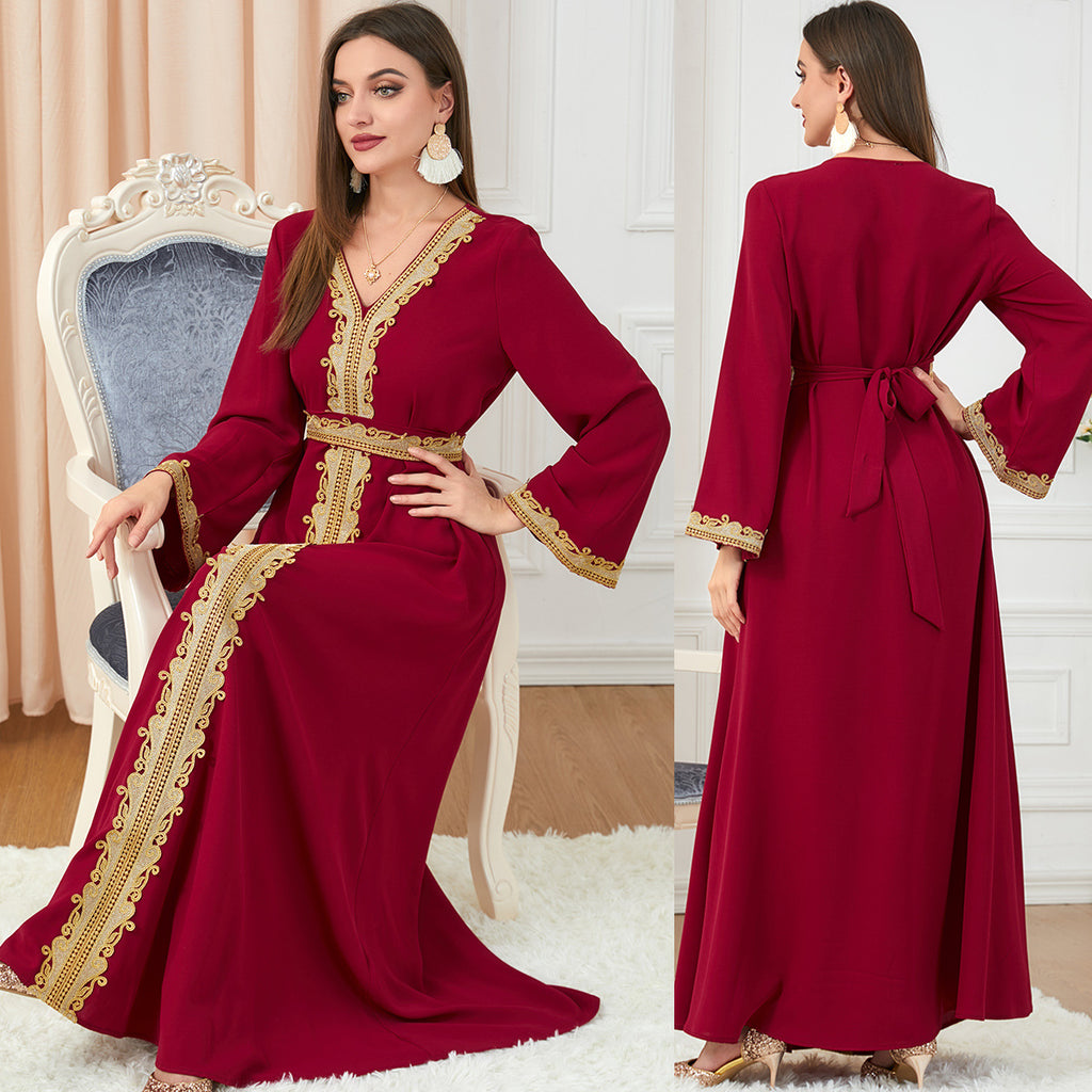 Robe Abaya | Style Caftan Marocain Avec Ceinture - Longue Brodée Style Dubaï
