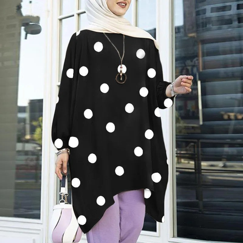 Tunique Refka Oversize à Pois – Col Rond, Manches Bouffantes & Coupe Modeste Confortable