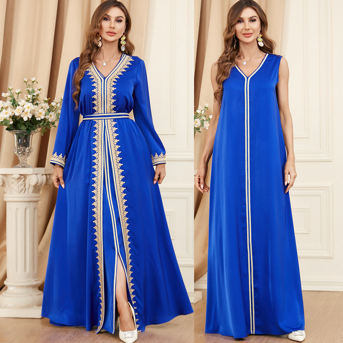 Ensemble Caftan Émane | 2 Pièces  – Robe Longue et Kimono Brodé, Idéal Ramadan & Aïd