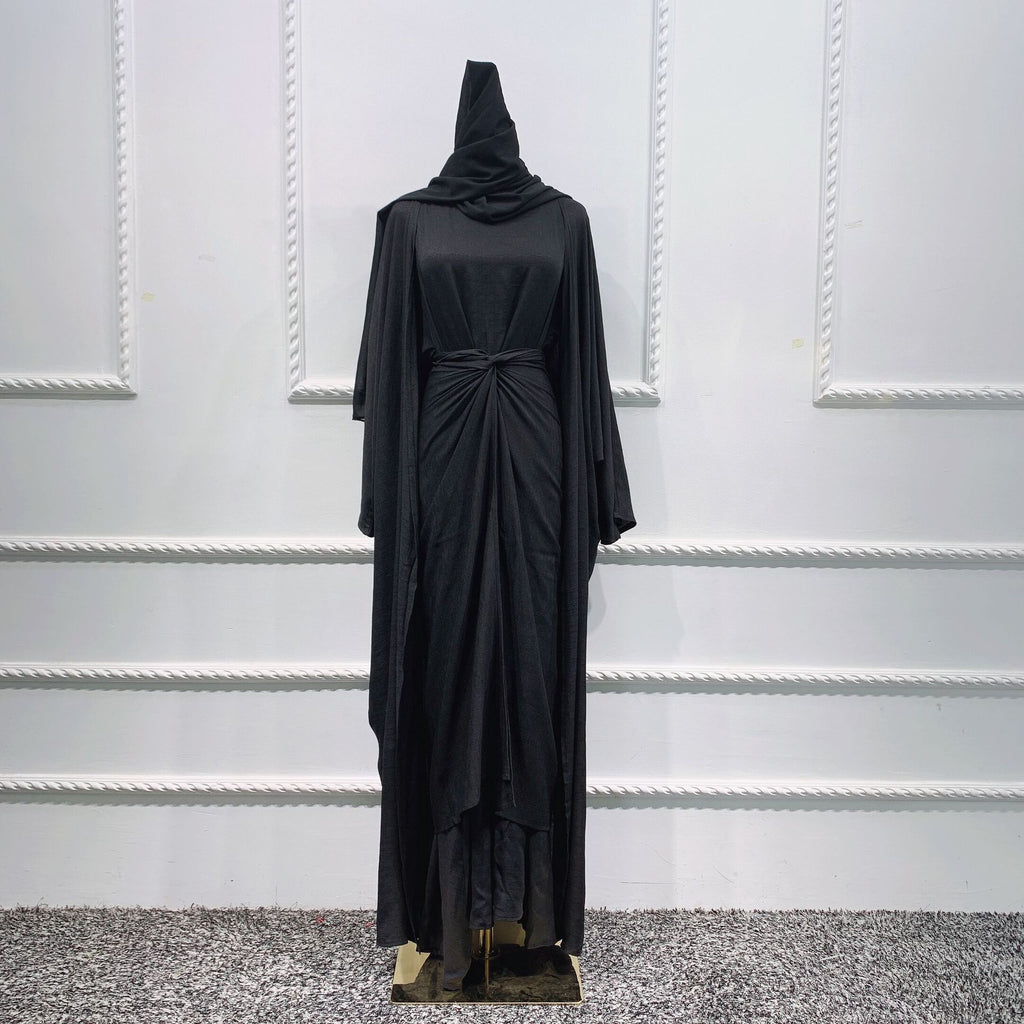 Ensemble Abaya Style Dubaï 4 Pièces en Lin – Kimono, Robe Longue, Jupe Portefeuille et Hijab
