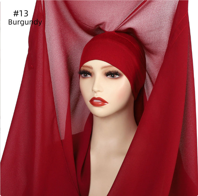 Hijab Mousseline (Chiffon) Uni à Perles – Voile avec bonnet Élégant