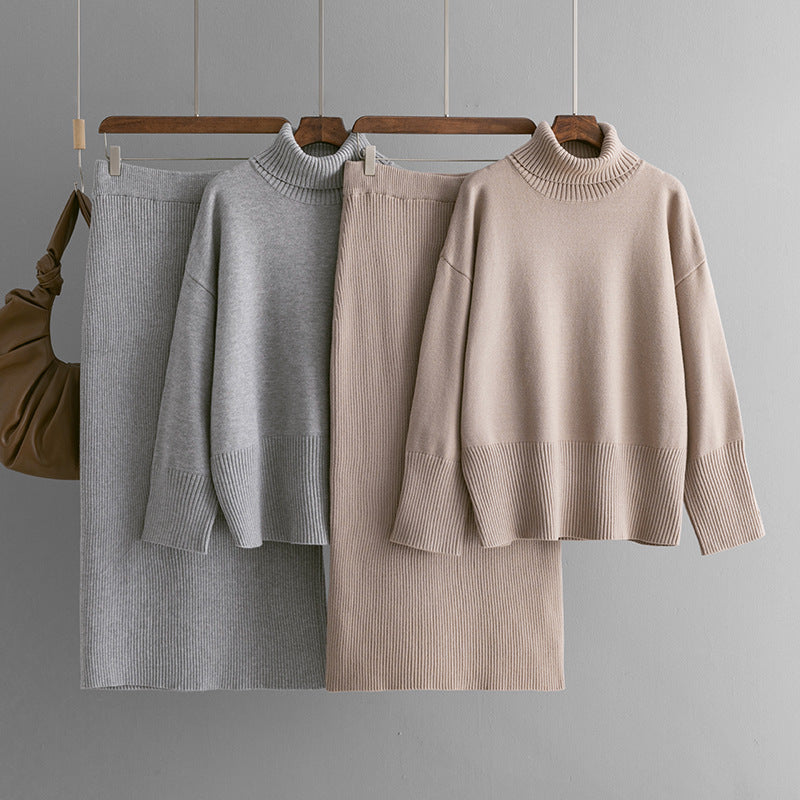Ensemble Aise | Chic 2 Pièces – Pull Large Col Montant et Jupe droite en Maille Douce