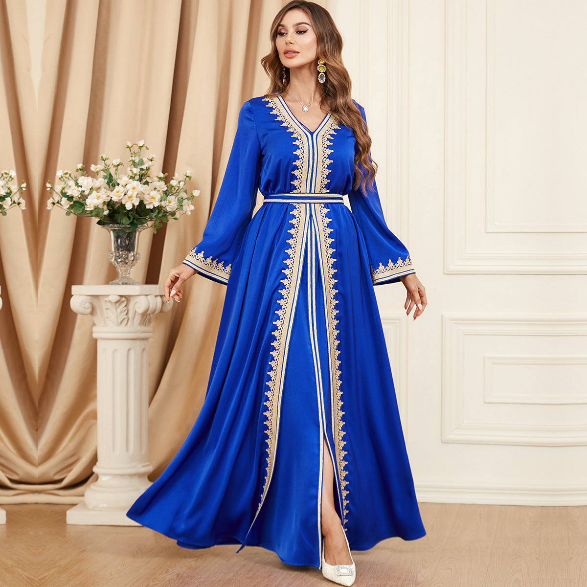 Ensemble Caftan Émane | 2 Pièces  – Robe Longue et Kimono Brodé, Idéal Ramadan & Aïd