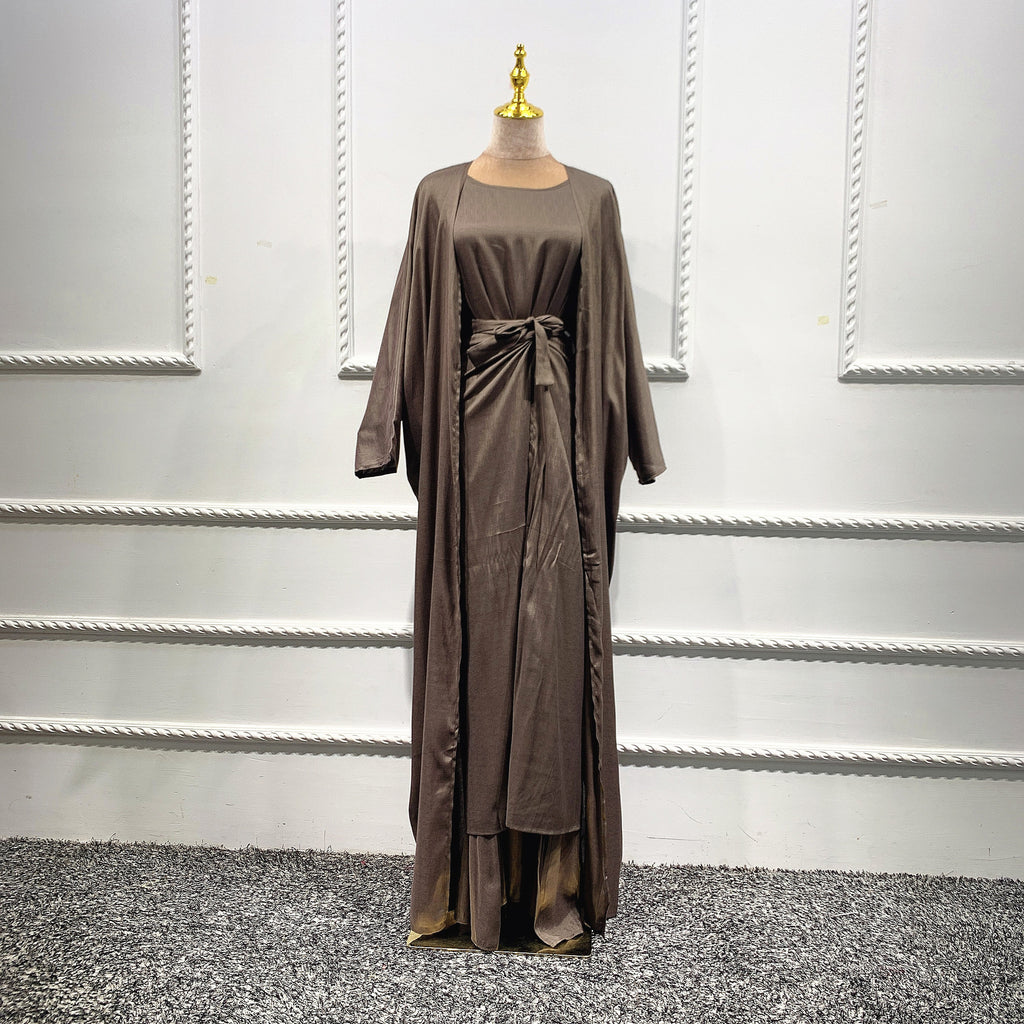 Ensemble Abaya Style Dubaï 4 Pièces en Lin – Kimono, Robe Longue, Jupe Portefeuille et Hijab