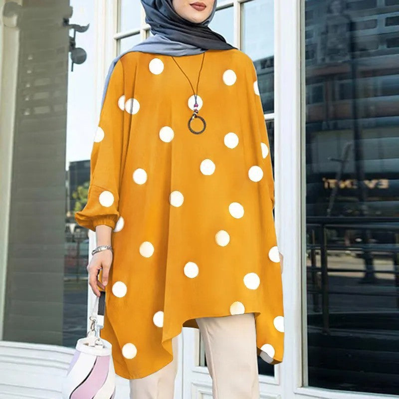 Tunique Refka Oversize à Pois – Col Rond, Manches Bouffantes & Coupe Modeste Confortable