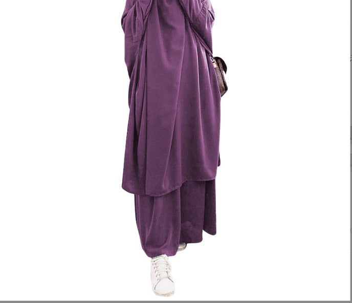 Ensemble Abaya Deux Pièces à Capuche – Robe Ample & Jupe Taille Élastique, Manches Chauve-souris
