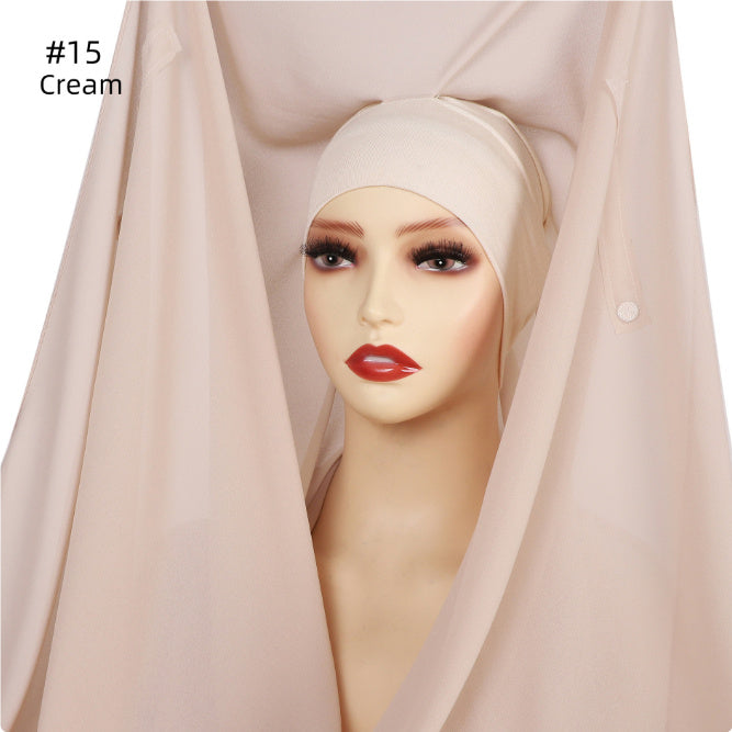 Hijab Mousseline (Chiffon) Uni à Perles – Voile avec bonnet Élégant