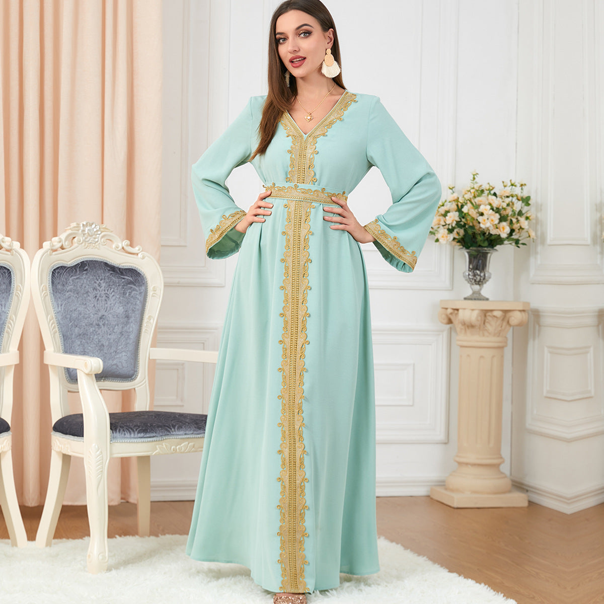 Robe Abaya | Style Caftan Marocain Avec Ceinture - Longue Brodée Style Dubaï